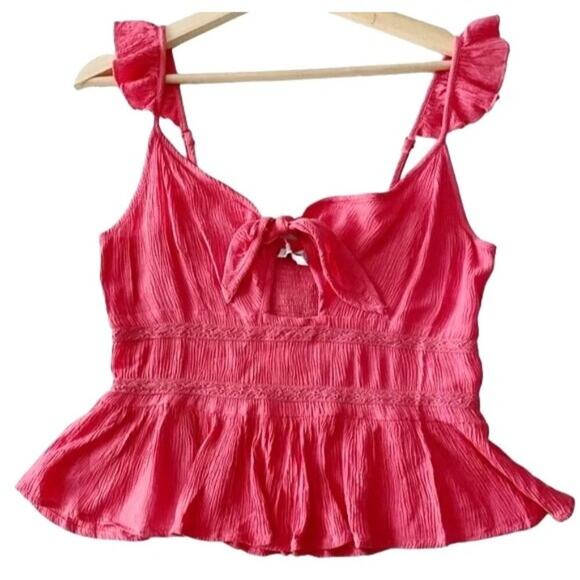 PATRONS OF PEACE Keyhole Crinkle Tank Ruffle Strap Bubble Gum NWT Medium - Picture 1 of 15